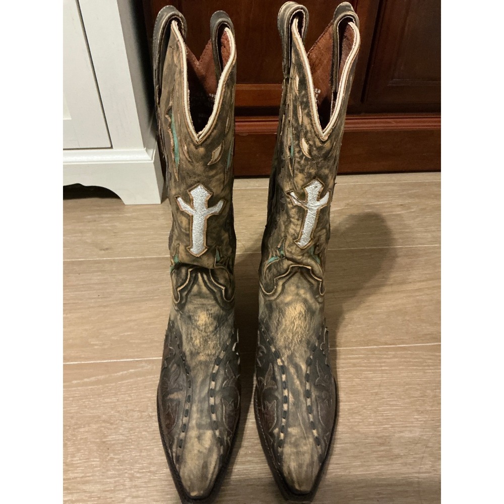 Dan Post Boots Western Brown Distressed Leather Silver Cross Snip Toe Size 10 - Picture 4 of 5